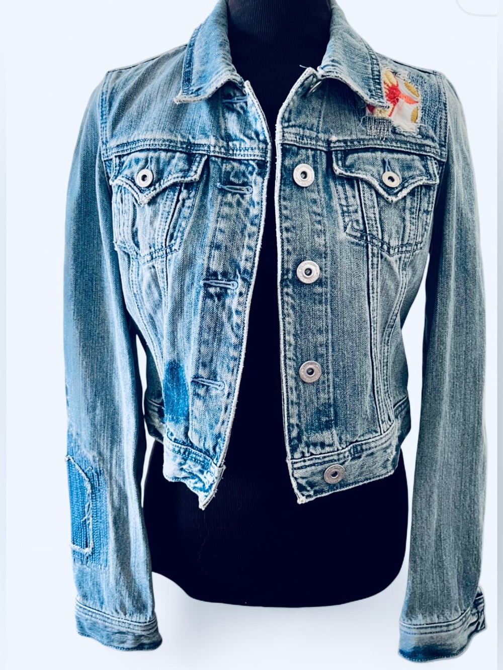Y2K Miss Me Crop Medium Wash Denim with Patchwork Distressed Embroidered Detail